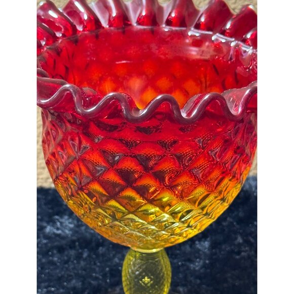 Vintage Viking Yesteryear Amberina Pineapple Diamond Point Compote Crimped EUC - Picture 3 of 7